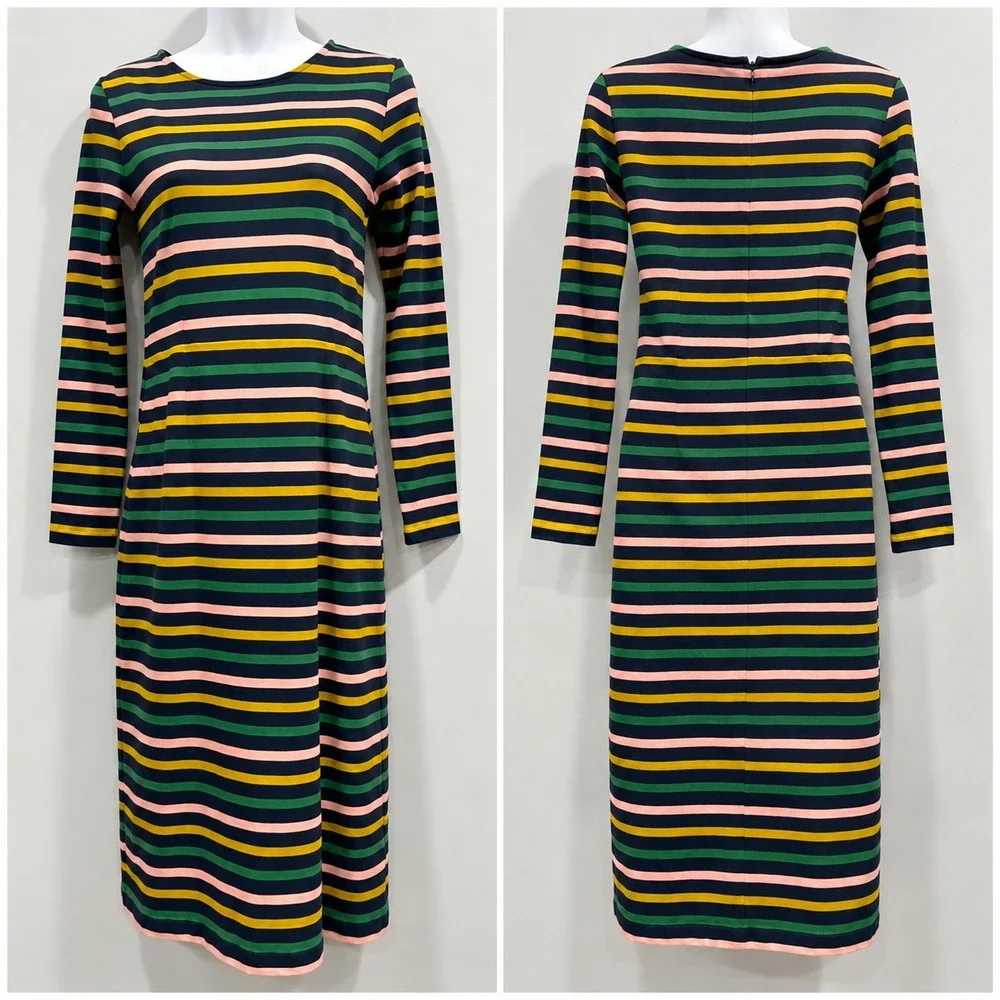 J.Crew Striped Stretch Midi Dress Sz 0 Long Sleeve Sheath Preppy Nautical Office